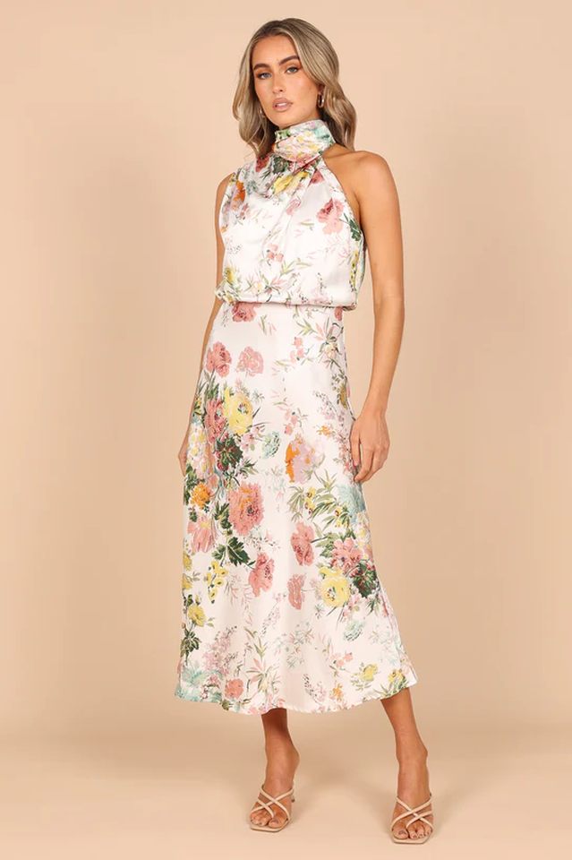 Satin Floral Print Halter Scarf Neck A-Line Midi Dress