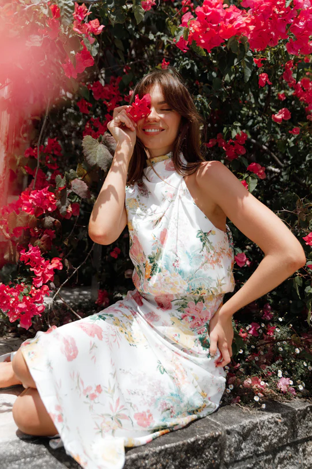 Satin Floral Print Halter Scarf Neck A-Line Midi Dress