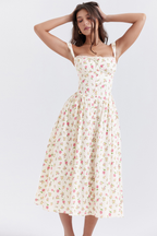 Square Neck Wide Strap Floral Print Button Front Ruched Bodice Midi Dress