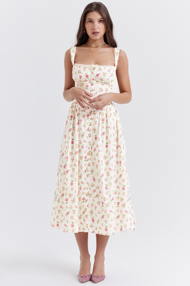 Square Neck Wide Strap Floral Print Button Front Ruched Bodice Midi Dress