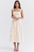 Square Neck Wide Strap Floral Print Button Front Ruched Bodice Midi Dress