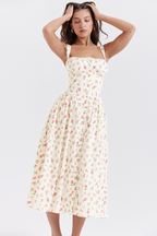 Square Neck Wide Strap Floral Print Button Front Ruched Bodice Midi Dress