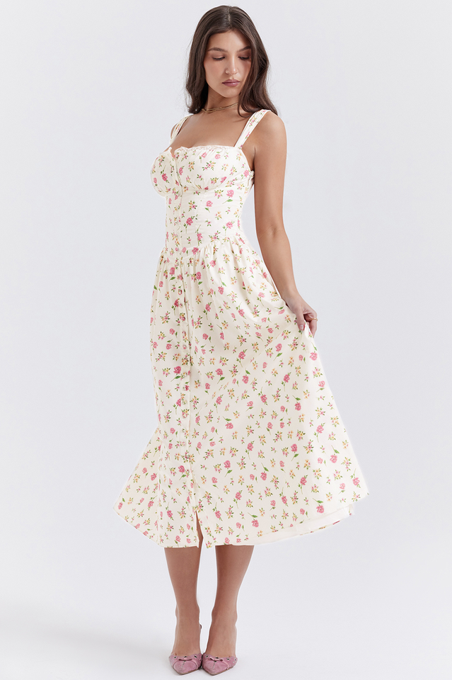 Square Neck Wide Strap Floral Print Button Front Ruched Bodice Midi Dress