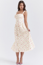 Square Neck Wide Strap Floral Print Button Front Ruched Bodice Midi Dress