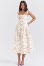 Square Neck Wide Strap Floral Print Button Front Ruched Bodice Midi Dress