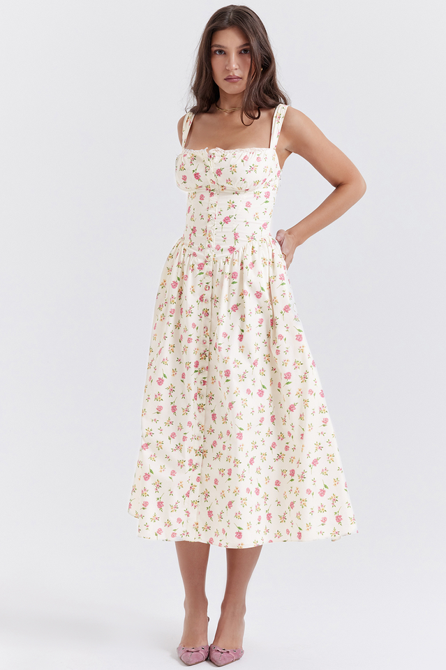 Square Neck Wide Strap Floral Print Button Front Ruched Bodice Midi Dress