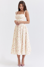 Square Neck Wide Strap Floral Print Button Front Ruched Bodice Midi Dress