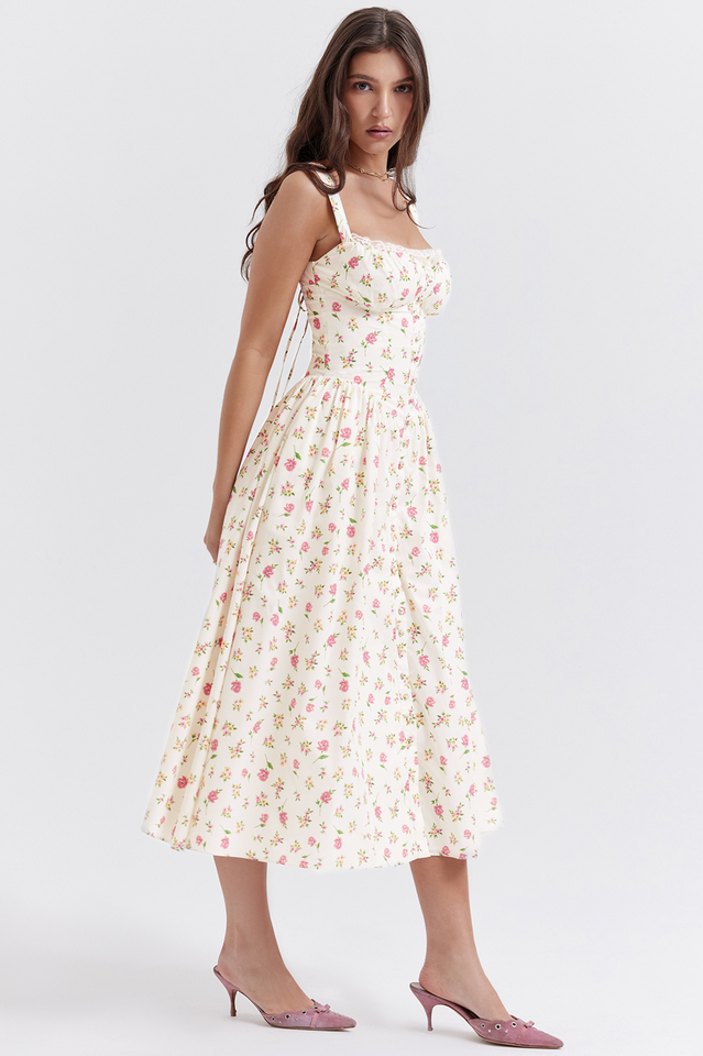 Square Neck Wide Strap Floral Print Button Front Ruched Bodice Midi Dress