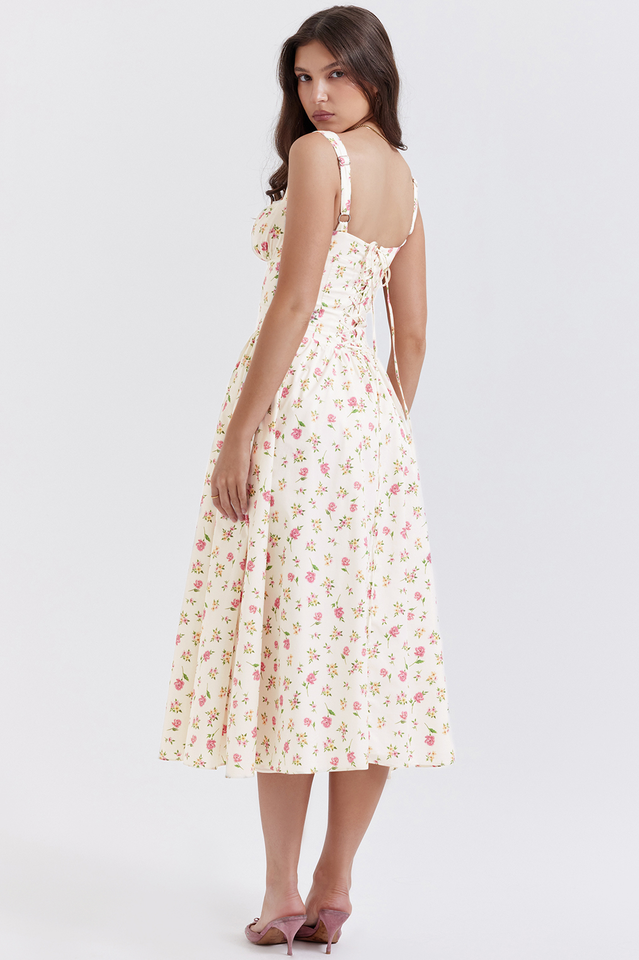 Square Neck Wide Strap Floral Print Button Front Ruched Bodice Midi Dress