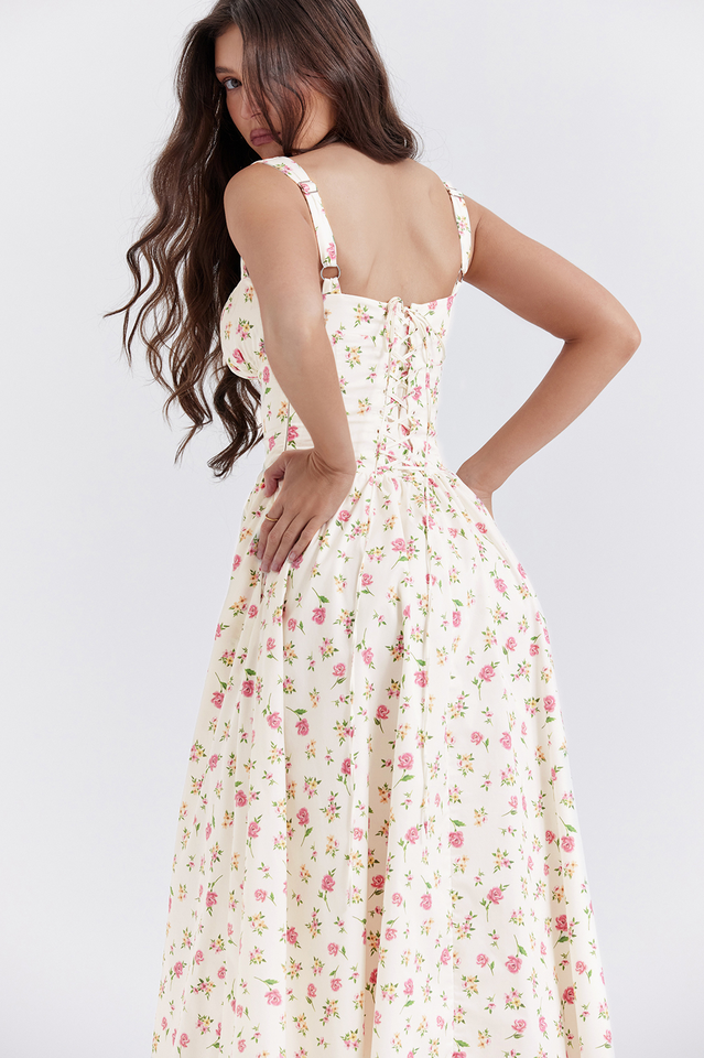 Square Neck Wide Strap Floral Print Button Front Ruched Bodice Midi Dress