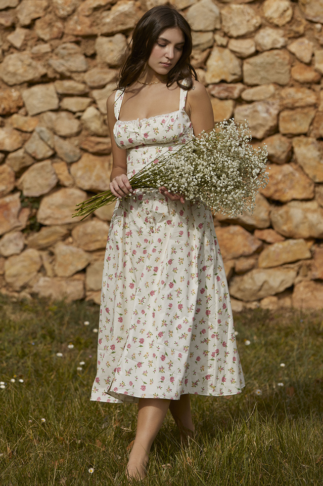 Square Neck Wide Strap Floral Print Button Front Ruched Bodice Midi Dress