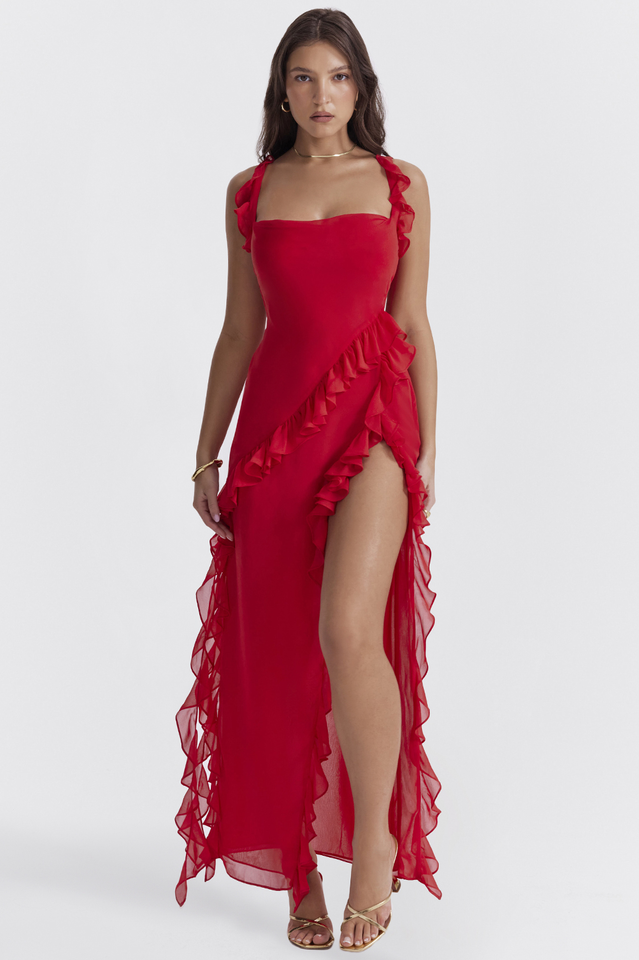 Square Neck Ruffle Strap Thigh Slit Asymmetric Ruffle Hem Maxi Dress
