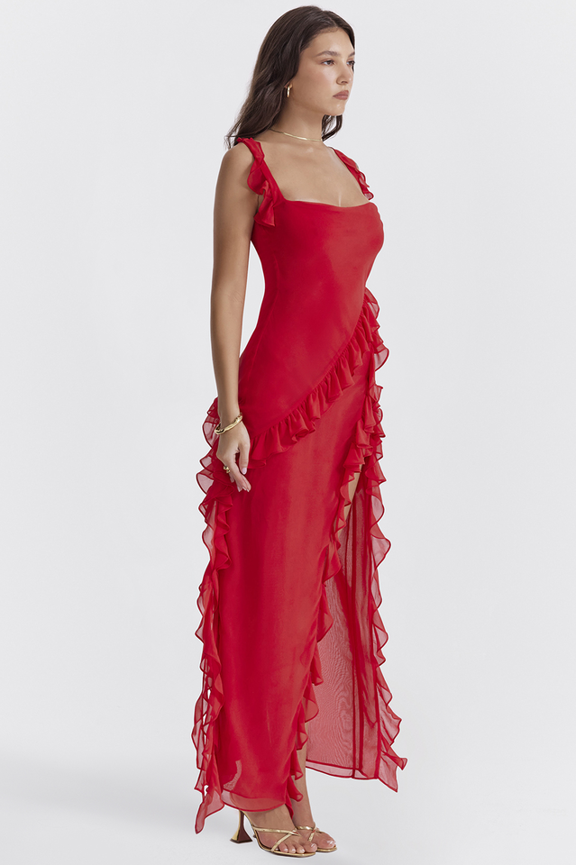 Square Neck Ruffle Strap Thigh Slit Asymmetric Ruffle Hem Maxi Dress