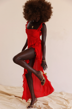 Square Neck Ruffle Strap Thigh Slit Asymmetric Ruffle Hem Maxi Dress