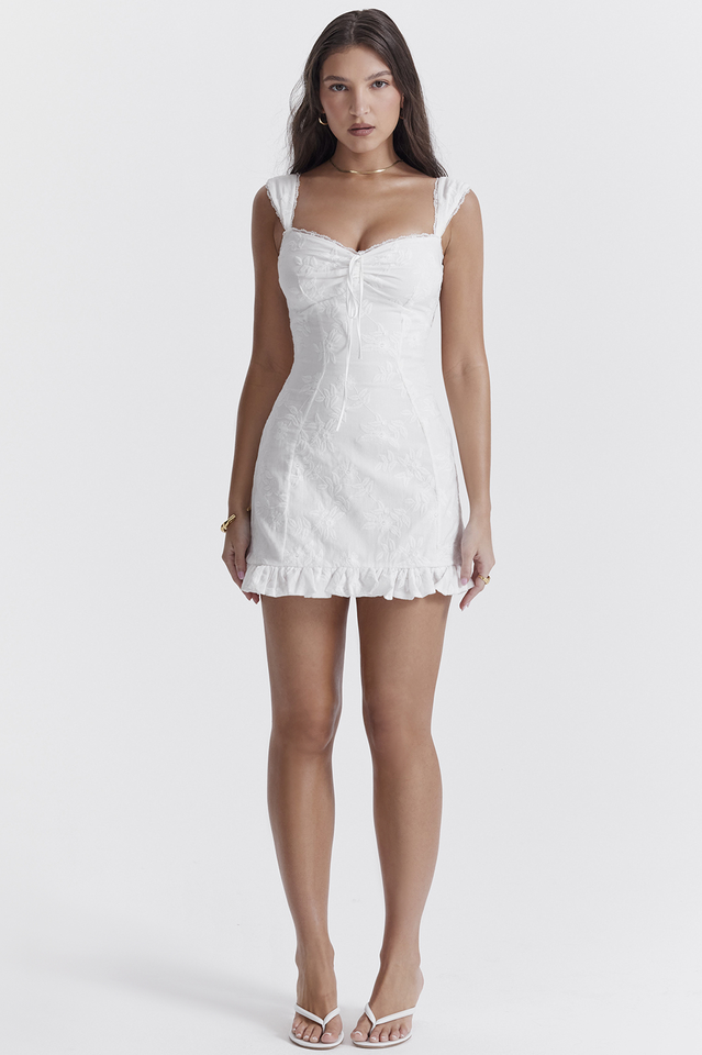 Embroidered Floral Sweetheart Drawstring Lace Trim Ruffle Hem Mini Dress