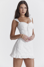 Embroidered Floral Sweetheart Drawstring Lace Trim Ruffle Hem Mini Dress