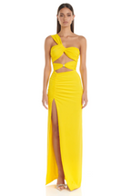 One Shoulder Twisted Buckle Cut Out Ruched High Split Bodycon Maxi Dress