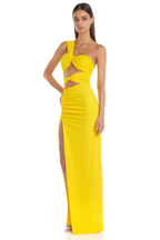 One Shoulder Twisted Buckle Cut Out Ruched High Split Bodycon Maxi Dress