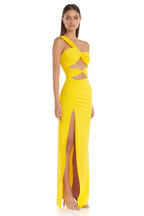 One Shoulder Twisted Buckle Cut Out Ruched High Split Bodycon Maxi Dress