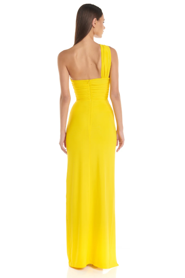 One Shoulder Twisted Buckle Cut Out Ruched High Split Bodycon Maxi Dress