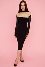 Bandeau Choker Sheer Mesh Sleeve Cutout Midi Dress