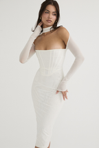 Bandeau Choker Sheer Mesh Sleeve Cutout Midi Dress