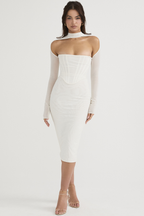 Bandeau Choker Sheer Mesh Sleeve Cutout Midi Dress