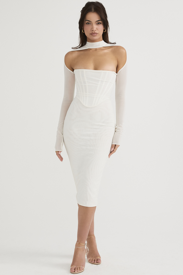 Bandeau Choker Sheer Mesh Sleeve Cutout Midi Dress