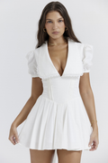 Oversized Lace Trim Collar Puff Sleeve Corset Bodice Pleated Mini Dress