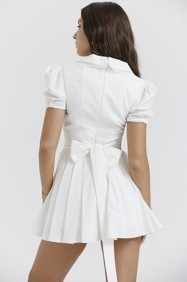 Oversized Lace Trim Collar Puff Sleeve Corset Bodice Pleated Mini Dress