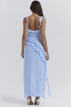 Ruffle Strap Square Neck Side Ruffle Trim High Split Maxi Gown