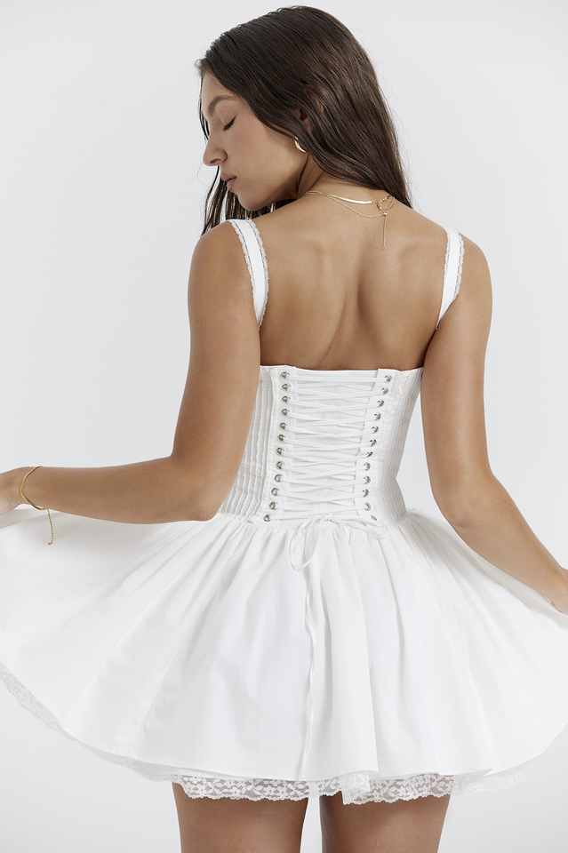 Lace Trim Corset Bustier Basque Waist Flared Mini Dress