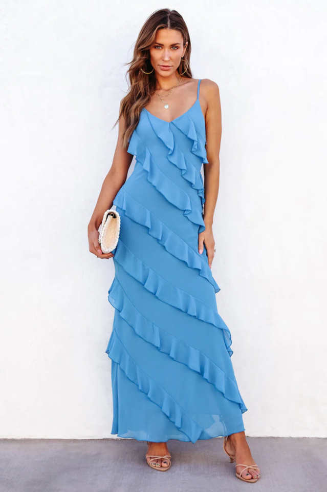 Spaghetti Strap V-Neck Tiered Ruffle High Slit Maxi Dress