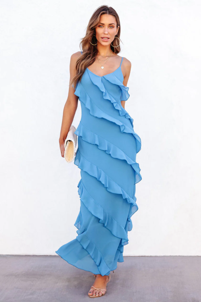Spaghetti Strap V-Neck Tiered Ruffle High Slit Maxi Dress