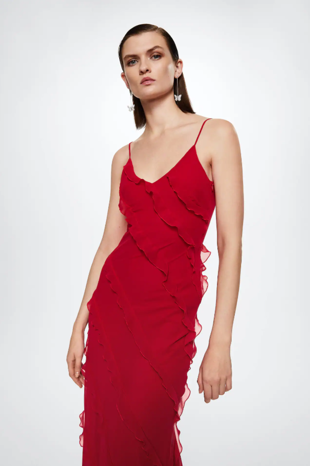Spaghetti Strap V-Neck Tiered Ruffle High Slit Maxi Dress