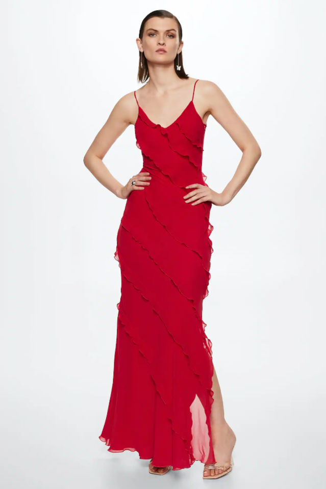 Spaghetti Strap V-Neck Tiered Ruffle High Slit Maxi Dress
