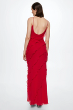 Spaghetti Strap V-Neck Tiered Ruffle High Slit Maxi Dress