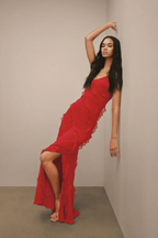 Spaghetti Strap V-Neck Tiered Ruffle High Slit Maxi Dress
