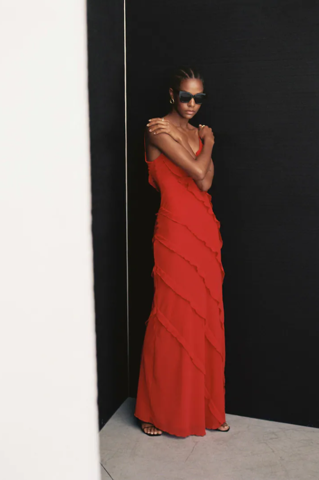 Spaghetti Strap V-Neck Tiered Ruffle High Slit Maxi Dress