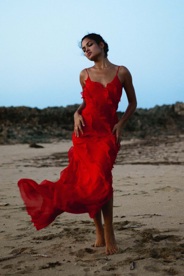 Spaghetti Strap V-Neck Tiered Ruffle High Slit Maxi Dress