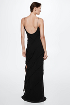 Spaghetti Strap V-Neck Tiered Ruffle High Slit Maxi Dress