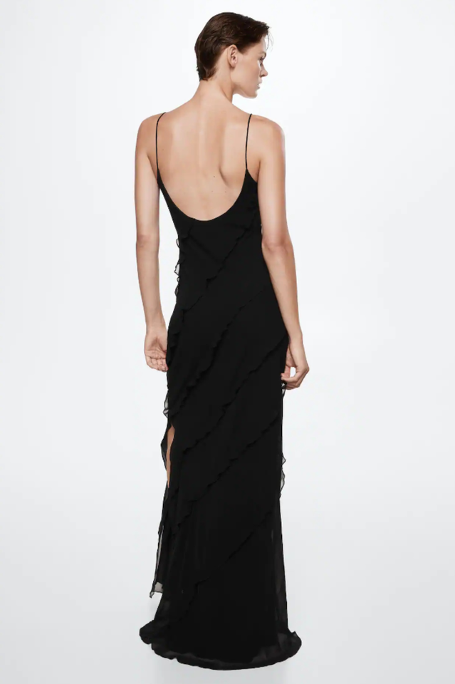 Spaghetti Strap V-Neck Tiered Ruffle High Slit Maxi Dress