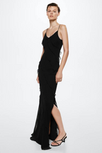 Spaghetti Strap V-Neck Tiered Ruffle High Slit Maxi Dress