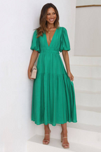 Deep V-Neck Smocked Waist Puff Sleeve Tiered Midi Dress