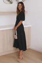 Deep V-Neck Smocked Waist Puff Sleeve Tiered Midi Dress