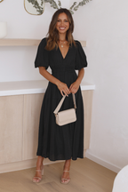 Deep V-Neck Smocked Waist Puff Sleeve Tiered Midi Dress