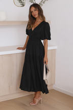 Deep V-Neck Smocked Waist Puff Sleeve Tiered Midi Dress
