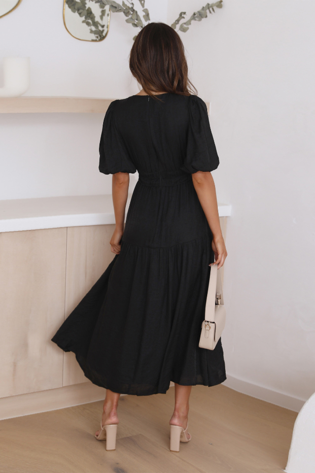 Deep V-Neck Smocked Waist Puff Sleeve Tiered Midi Dress