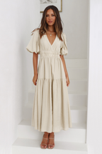 Deep V-Neck Smocked Waist Puff Sleeve Tiered Midi Dress
