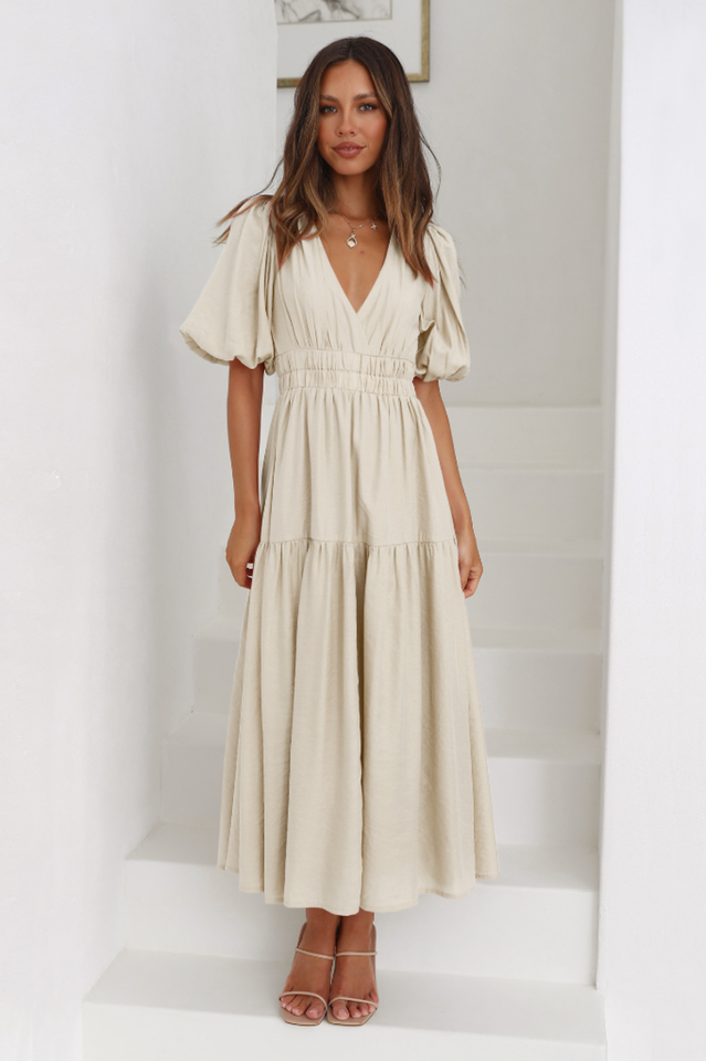 Deep V-Neck Smocked Waist Puff Sleeve Tiered Midi Dress
